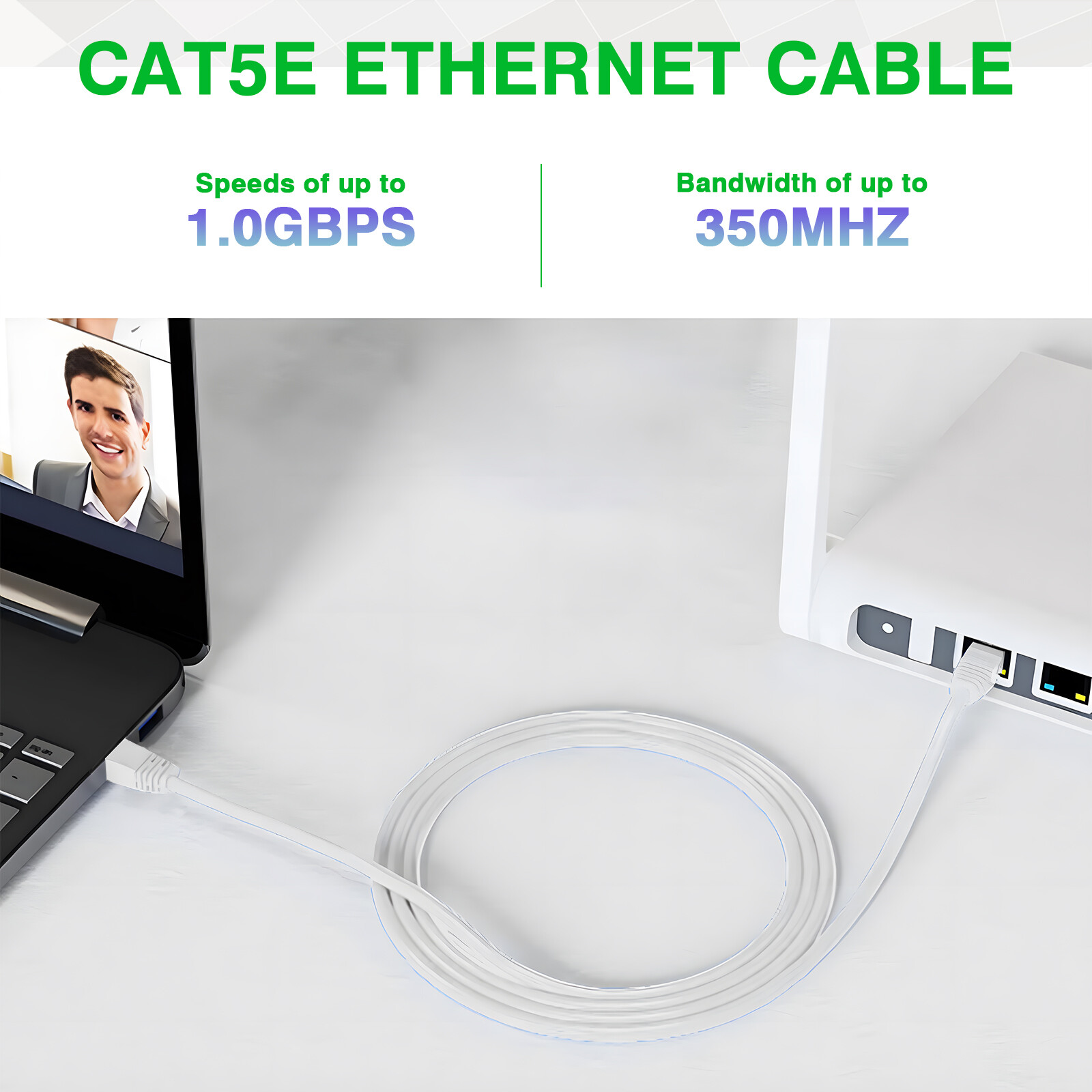 Cat5 e CAT5e Ethernet Cable RJ45 Network Internet Cord White Patch 6/10/60/100ft