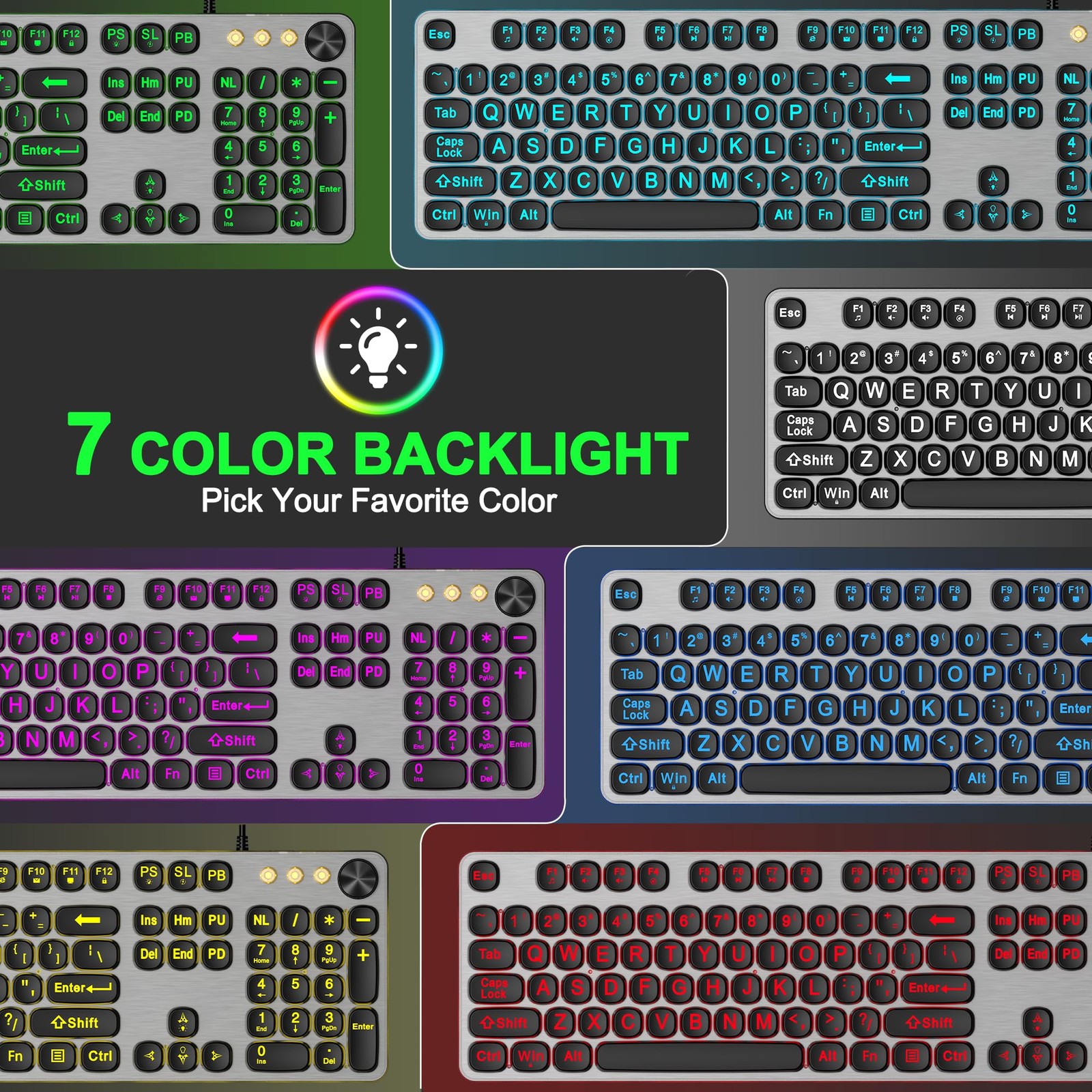 Large Print Backlit Keyboard with 7-Color Backlit, Wired USB Lighted Computer…