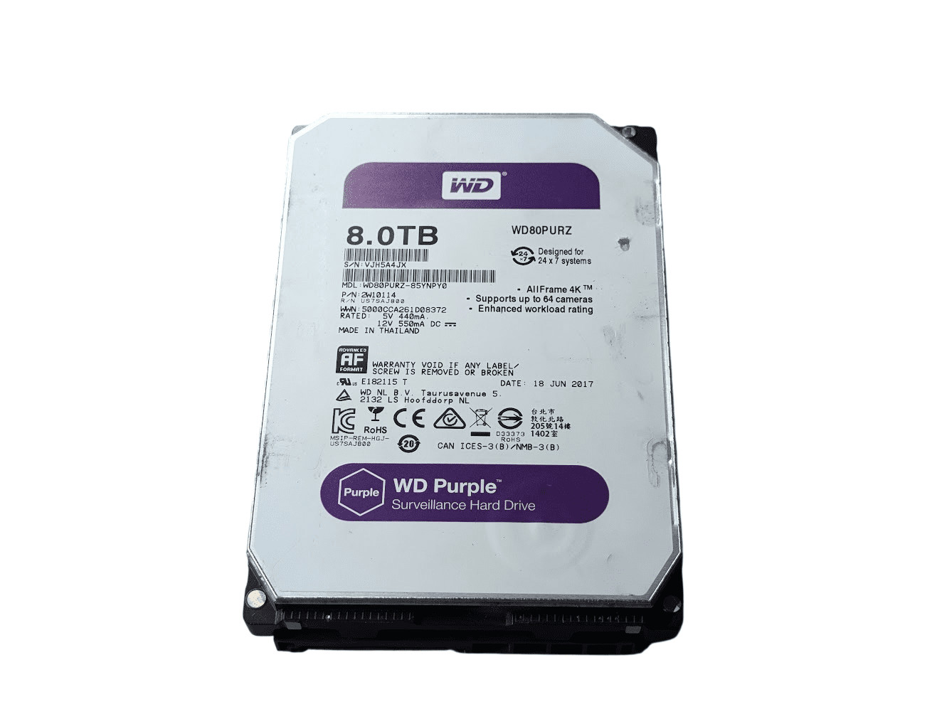 Western Digital Purple 8TB WD80PURZ 3.5″ SATA 6Gb/s Surveillance Hard Drive