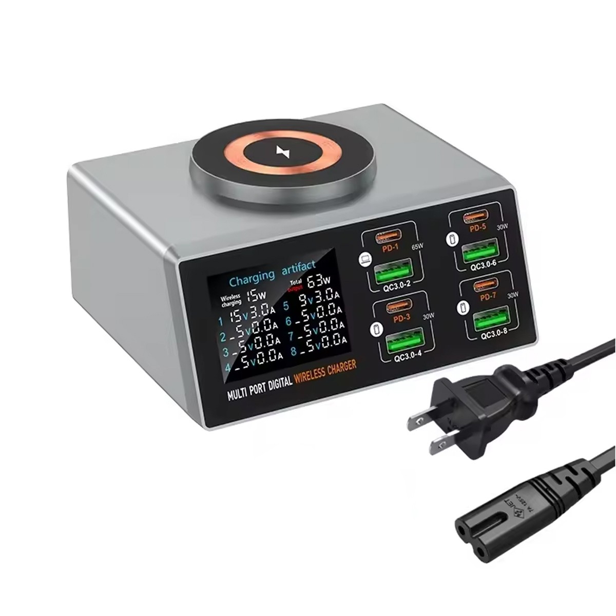 140W USB Charger with 8 USB Port 4 USB & 4 USB-C PD Fast Wireless Charger Dock