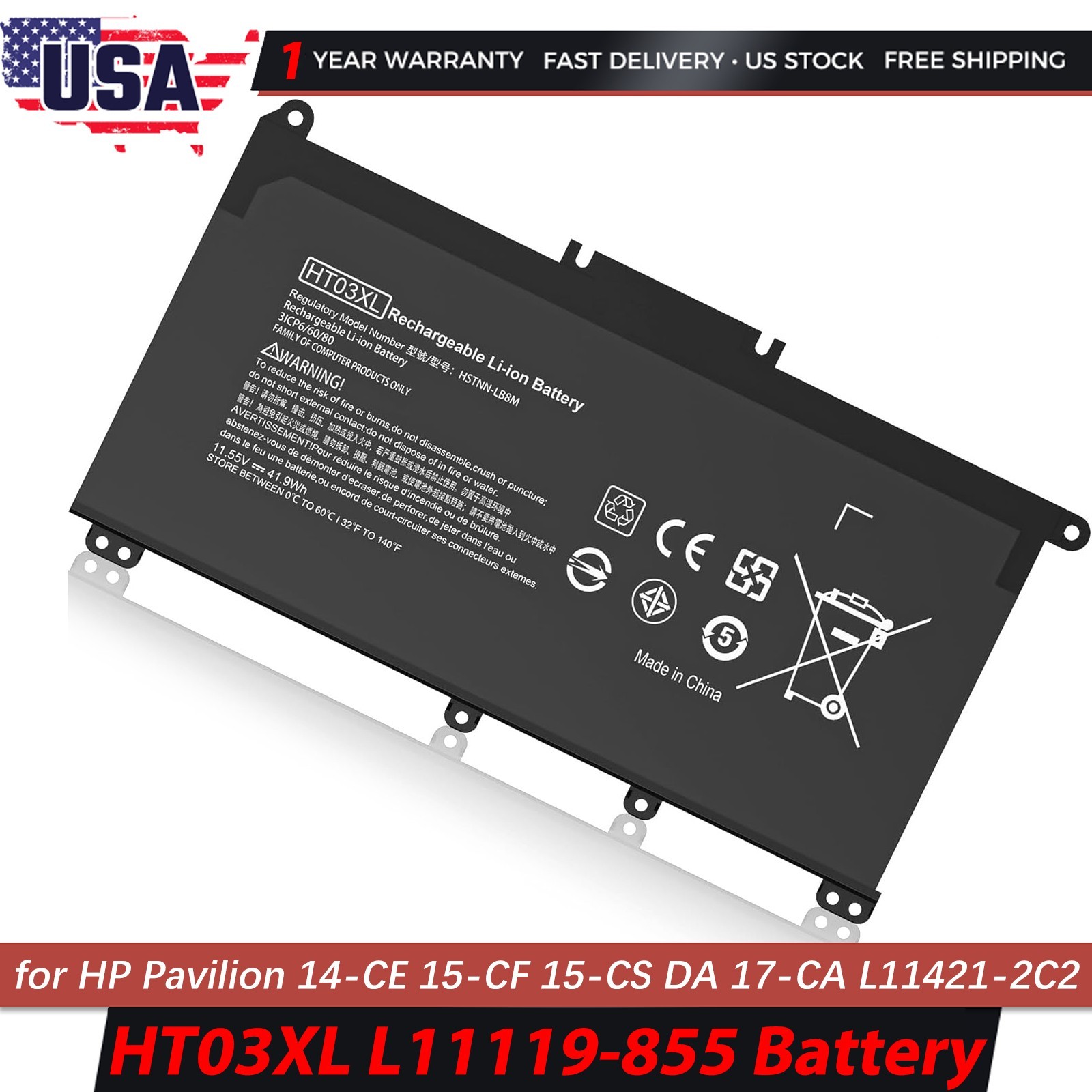 ✅41.9Wh HT03XL Battery for HP Pavilion L11421-2C2 L11119-855 15-CS 15-DA New