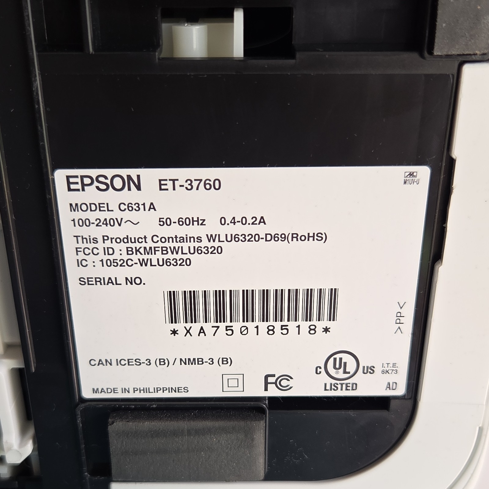 Epson EcoTank ET-3760 All-In-One Inkjet Color Printer Wireless USB C631A TESTED