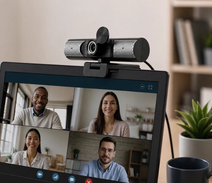 Aluratek HD 1080P Webcam, USB-C/USB-A, w/Built-in Speakers & Mic,Black,AWCS06F