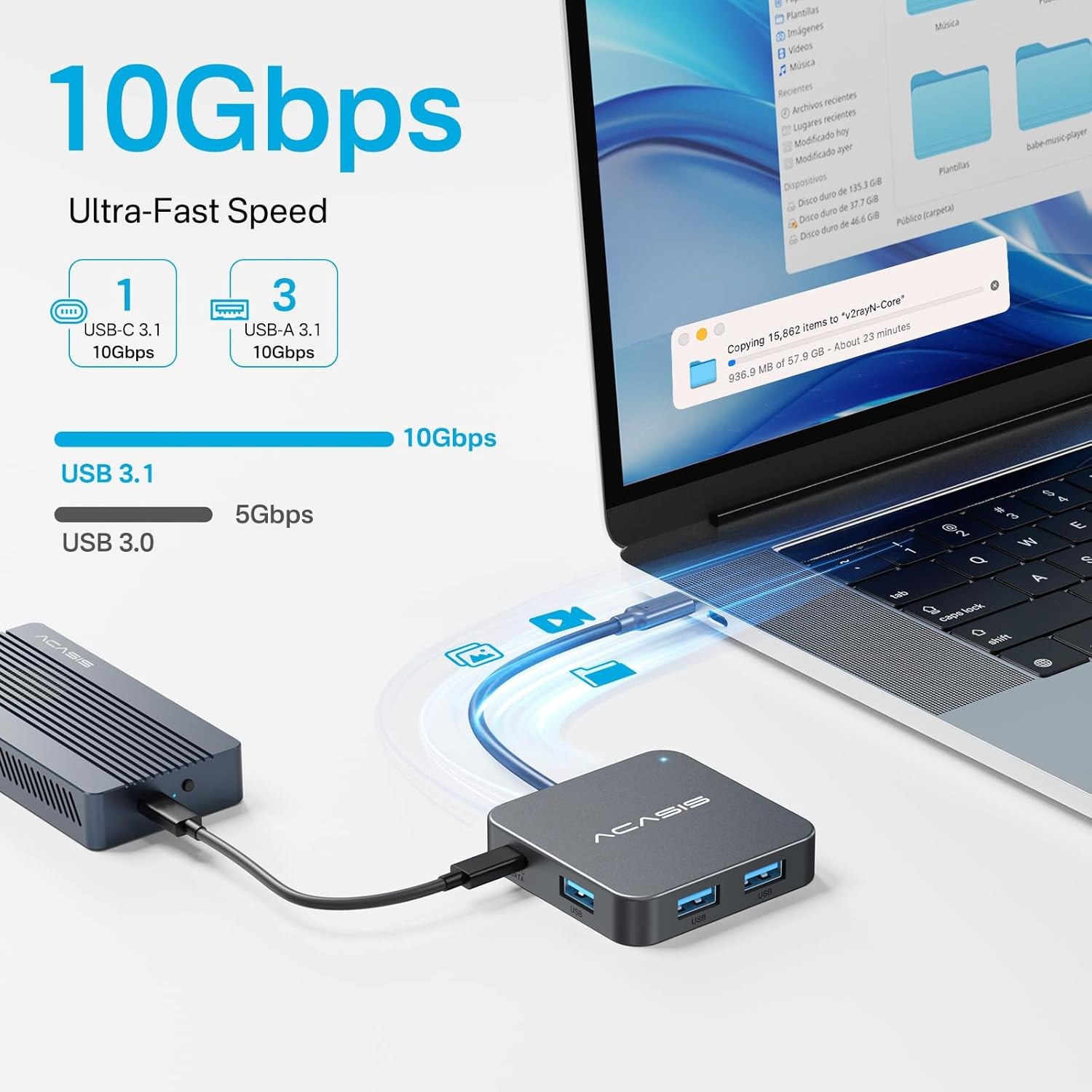 ACASIS 10Gbps USB Hub Multiport Adapter 4K HDMI 100W Power Delivery for MacBook