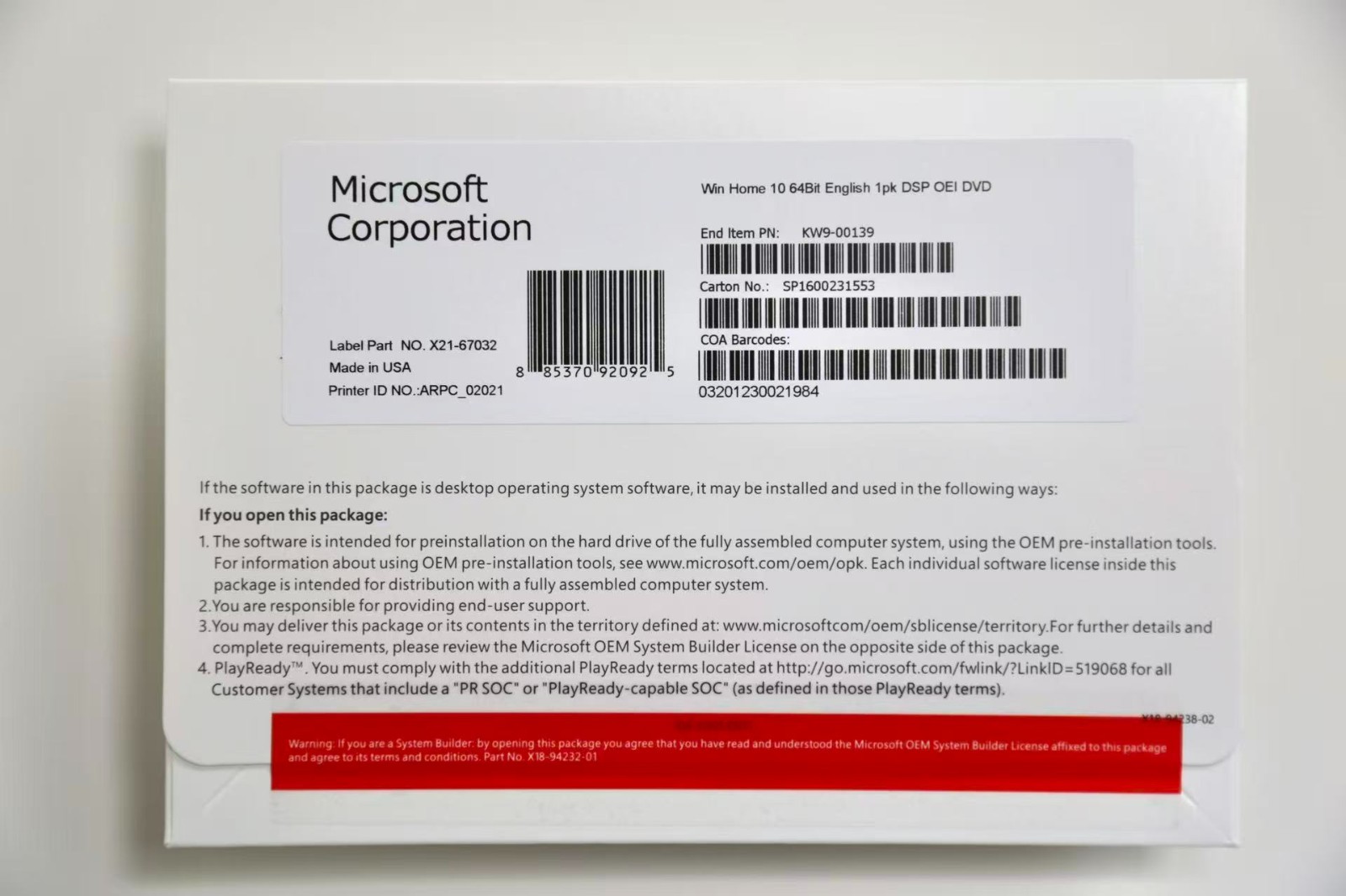 Win 10 Home 64 bit DVD with Activation Key Brand New US Stock + Free Shipping