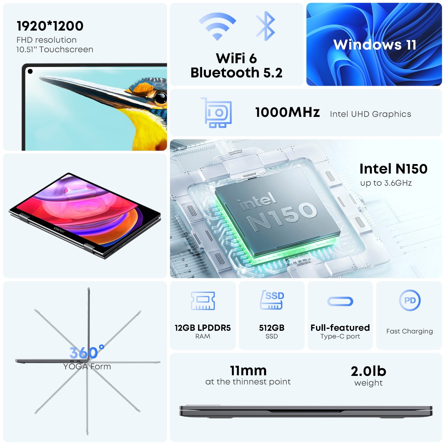CHUWI Minibook X 10.5″ Touchscreen Laptop | Intel N150 | 12GB RAM | 512GB SSD