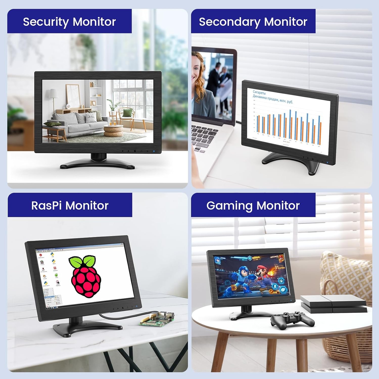 12-inch Small Monitor 1366×768 HD Mini LED Screen HDMI VGA Inputs Video Monitors