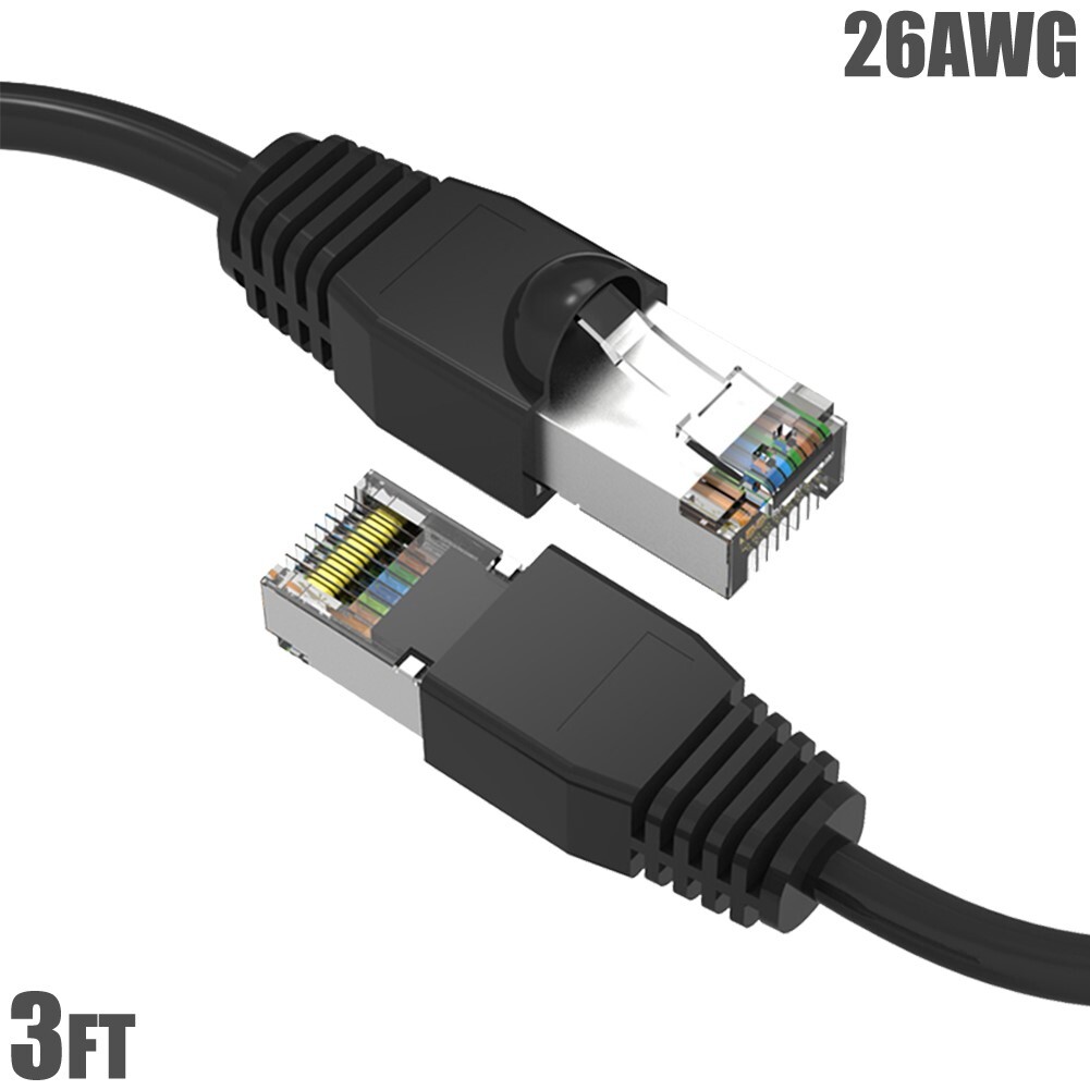 3FT Cat6A RJ45 Network LAN Ethernet SSTP Shielded Cable Cord Booted 26AWG Black