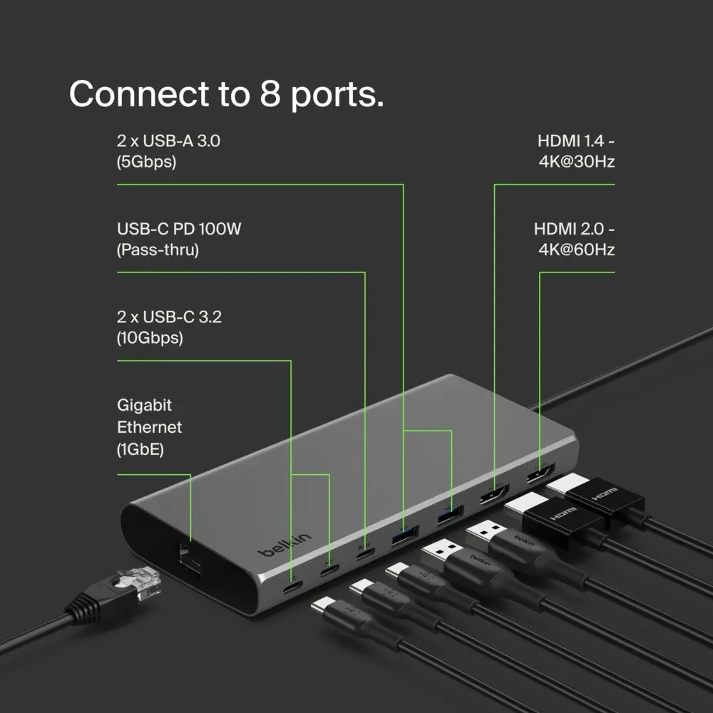 Belkin Connect Universal USB-C 8-in-1 Dual Display Core Hub w Silicon Motion
