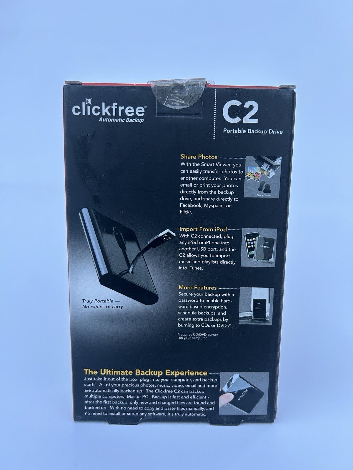 Clickfree C2 320GB Portable External HDD USB 2.0 Black Password Protection