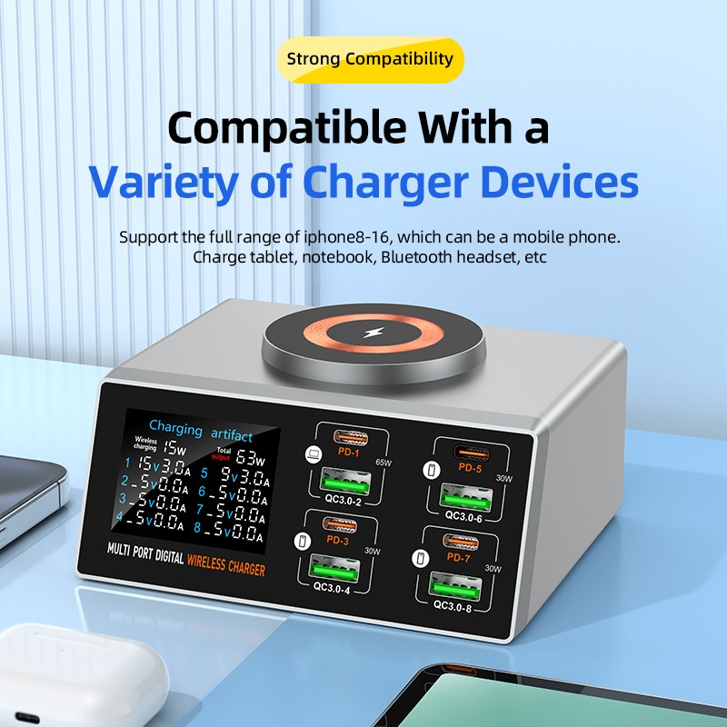 140W USB Charger with 8 USB Port 4 USB & 4 USB-C PD Fast Wireless Charger Dock