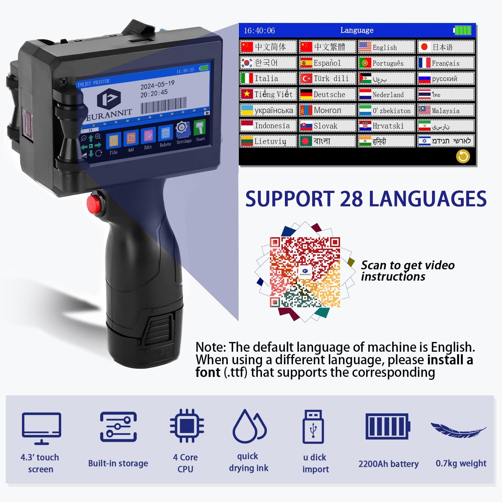 Eurannit E15 Portable Inkjet Printer – 4.3″ Touchscreen for 0.5 in, Black