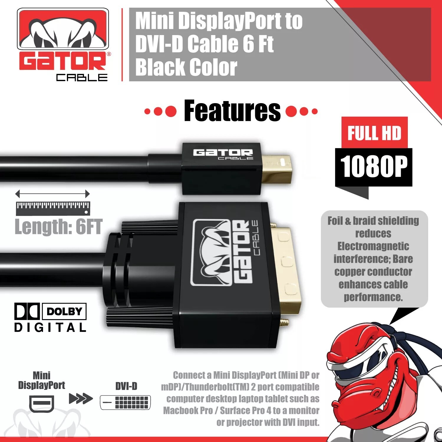 Mini DisplayPort To DVI-D Cable Adapter Converter PC Monitor HDTV MAC 1080P 6FT