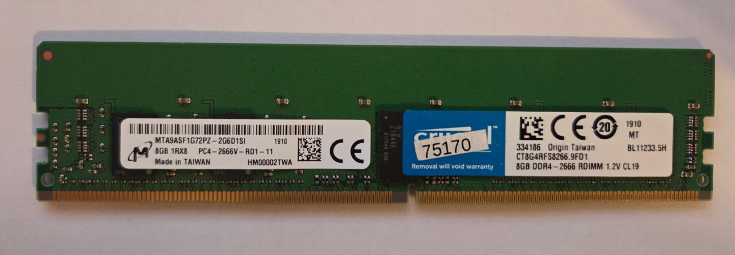 Crucial RAM 8GB DDR4 2666 RDIMM P/N: MTA9ASF1G72PZ(CT8G4DFRA266)