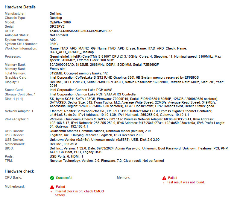 Dell OptiPlex 3060 MFF, i3-8100T CPU, @ 3.10GHz, 8GB RAM, 128GB SSD-No OS/AC