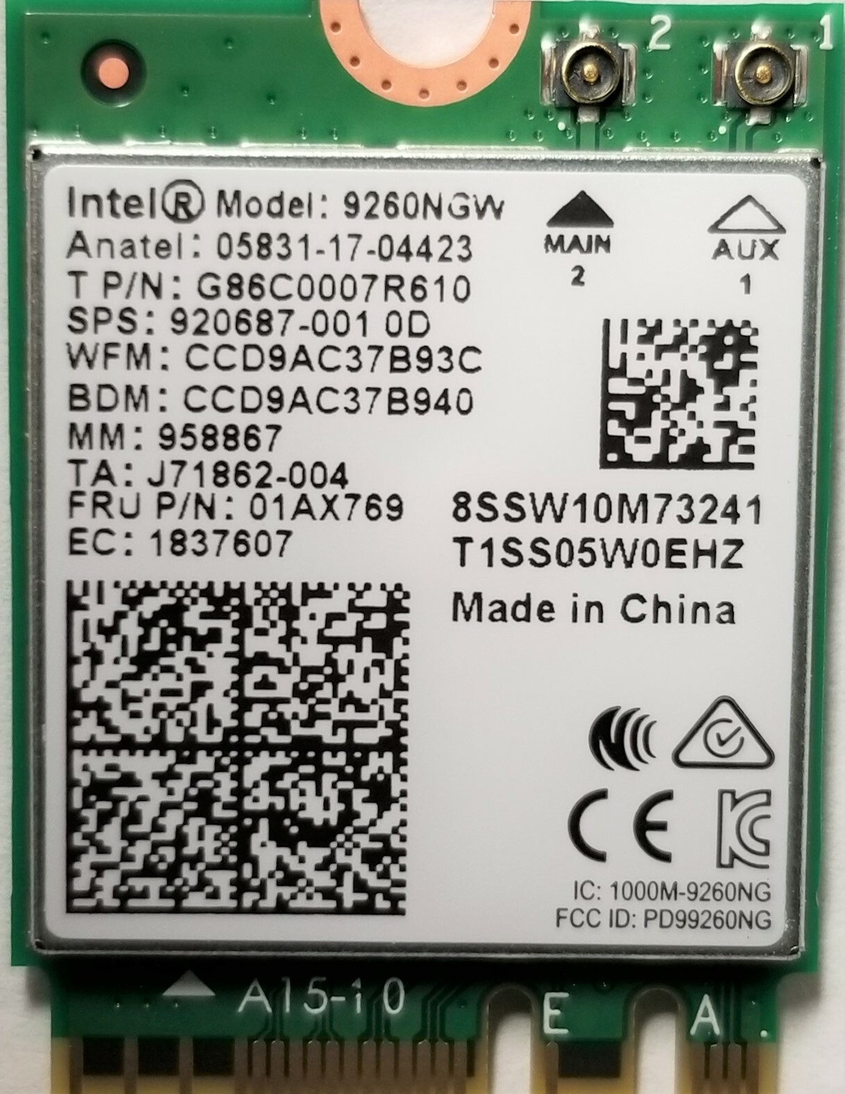 Intel 9260NGW IEEE 802.11ac Bluetooth 5.0 Wi-Fi/Bluetooth replacement for 3160