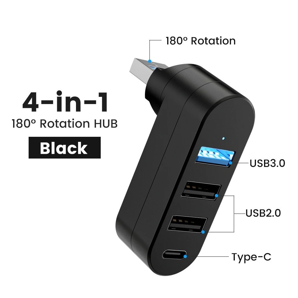 1pcs USB 3.0/2.0 Hub 4-Port: Rotatable Type-C High Speed Data Splitter Adapter