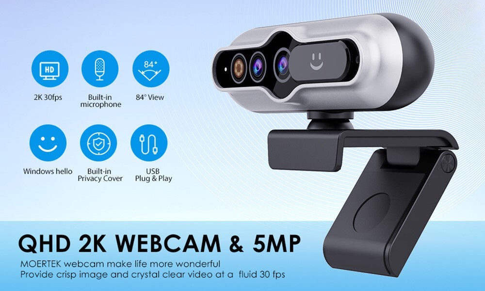 TOALLIN 2K Auto-Focus QHD Webcam Windows Hello Privacy Shutter w/Microphone New