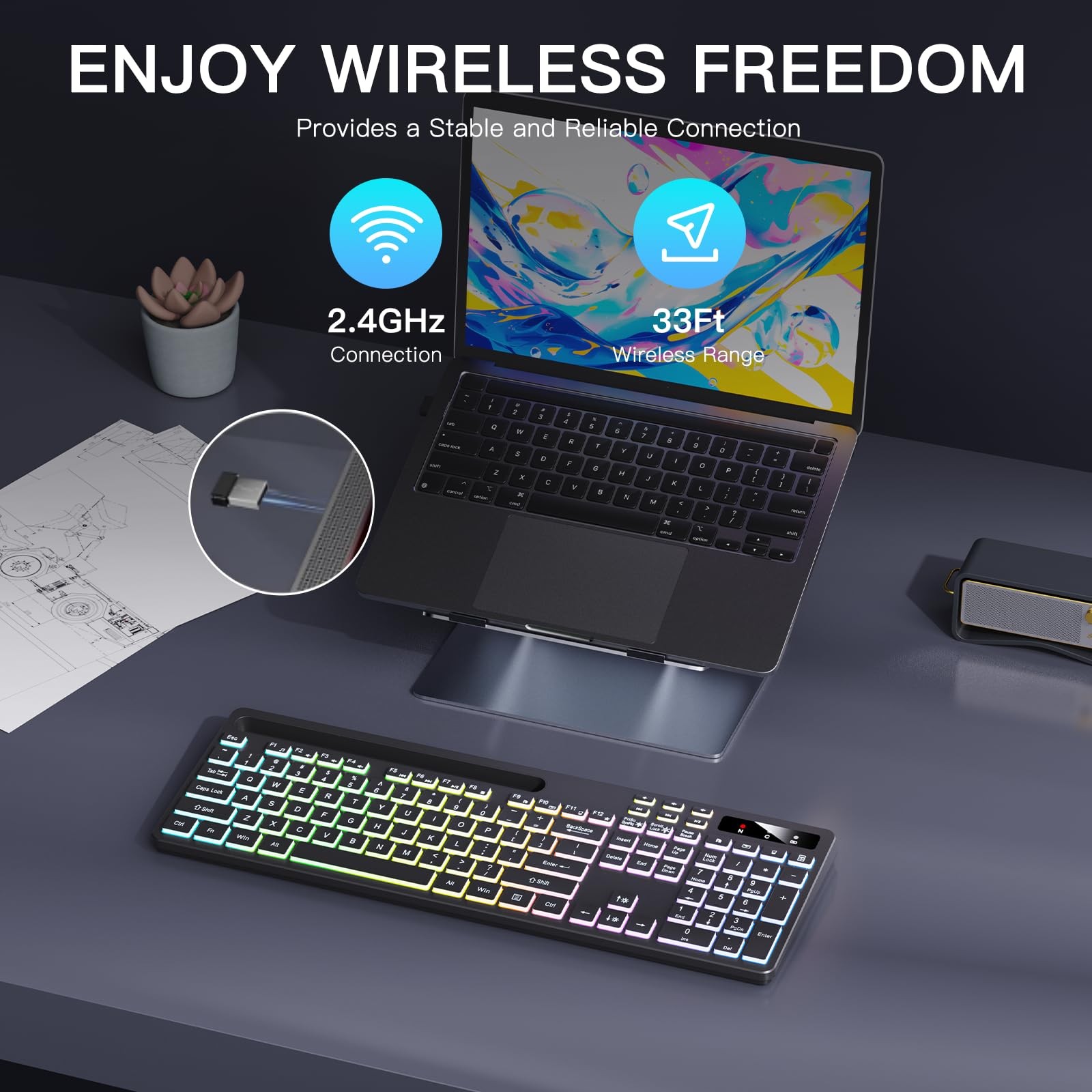 Wireless Keyboard with 7-Color RGB Backlit, Full-Size Computer Keyboard with …