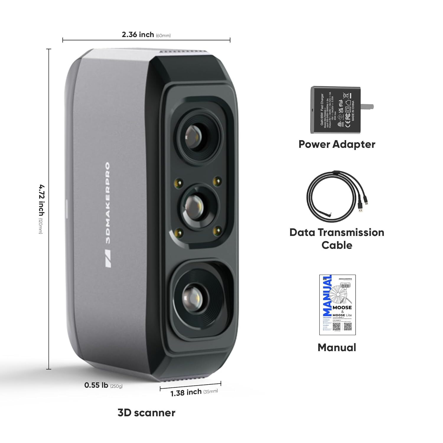 3DMakerpro Handheld 3D Scanner For 3D Printing 0.05mm Accuracy 10FPS Moose Lite
