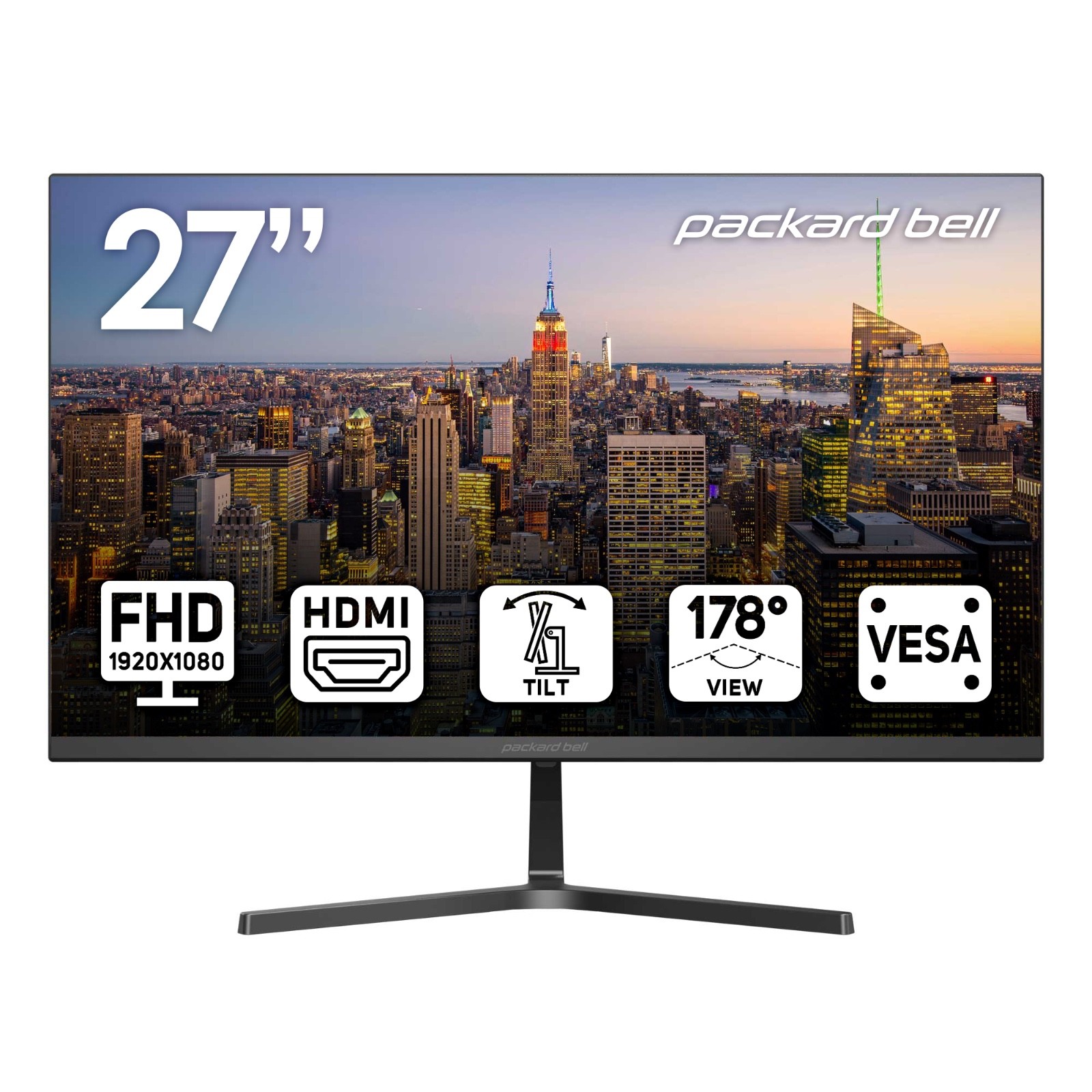 27″ FHD Monitor, 1920×1080, 75hz, Ultrawide, VESA, Tilt, HDMI/VGA, Slim Bezel