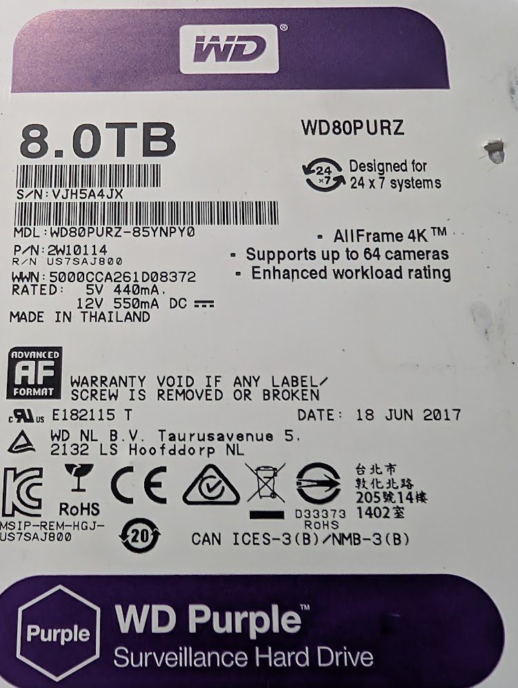 Western Digital Purple 8TB WD80PURZ 3.5″ SATA 6Gb/s Surveillance Hard Drive