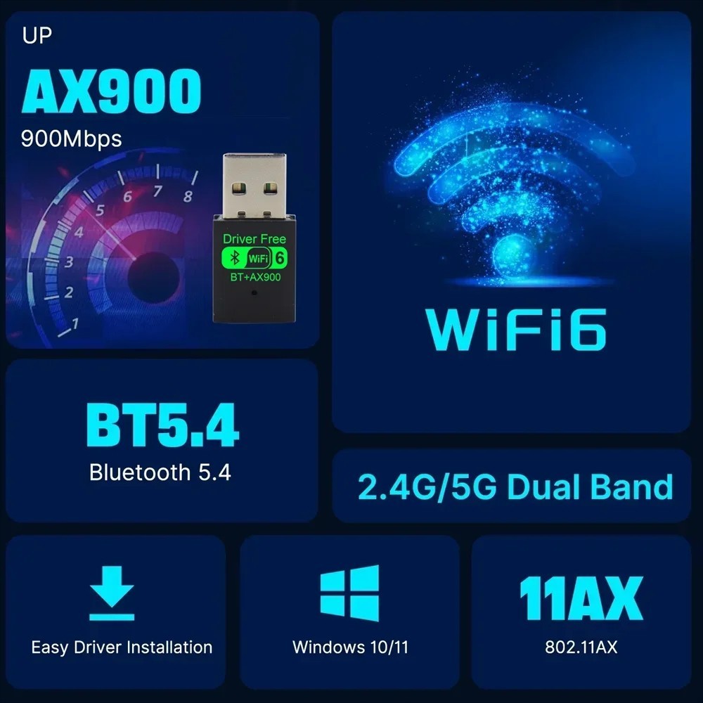 USB WiFi-6 900Mbps 2 in 1 Dongle 2.4G 5GHz Dual Band & BT 5.4 Win10,11 Free ship