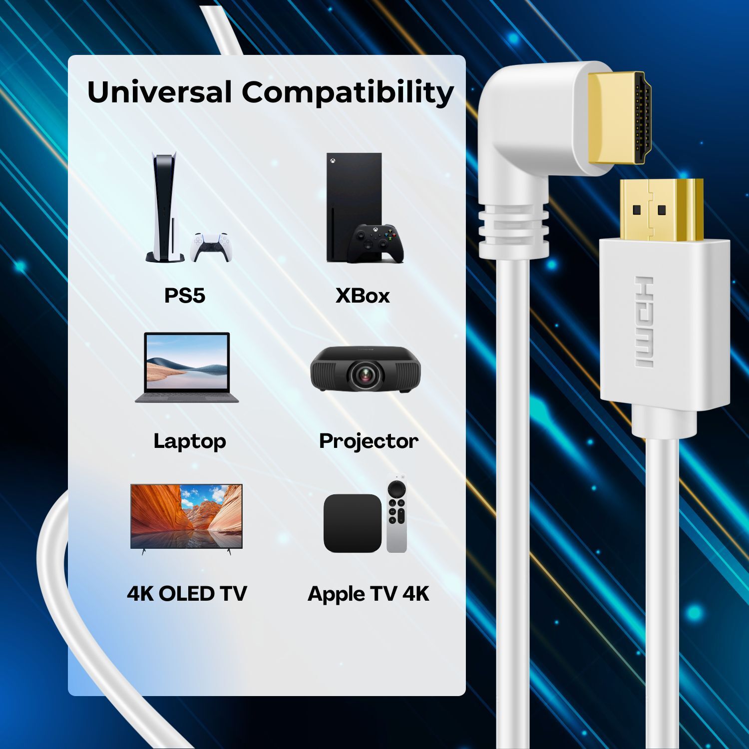 Right Angle HDMI Cable (3 FT) High Speed HDMI 2.0 Cord Supports 4K60hz (White)