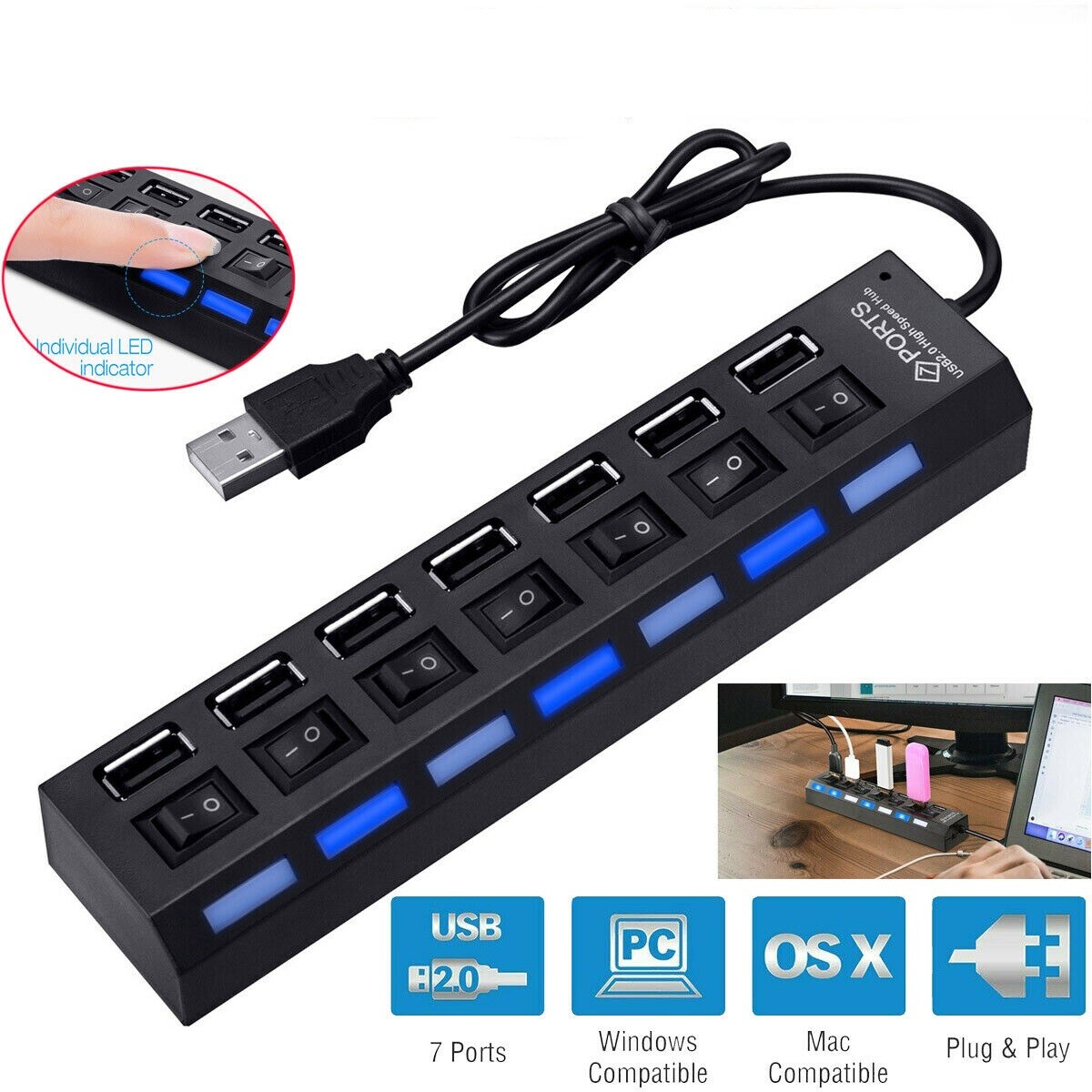 USB 2.0 4 Port 7 Port Multi Charger Hub High Speed Adapter Switch Laptop PC