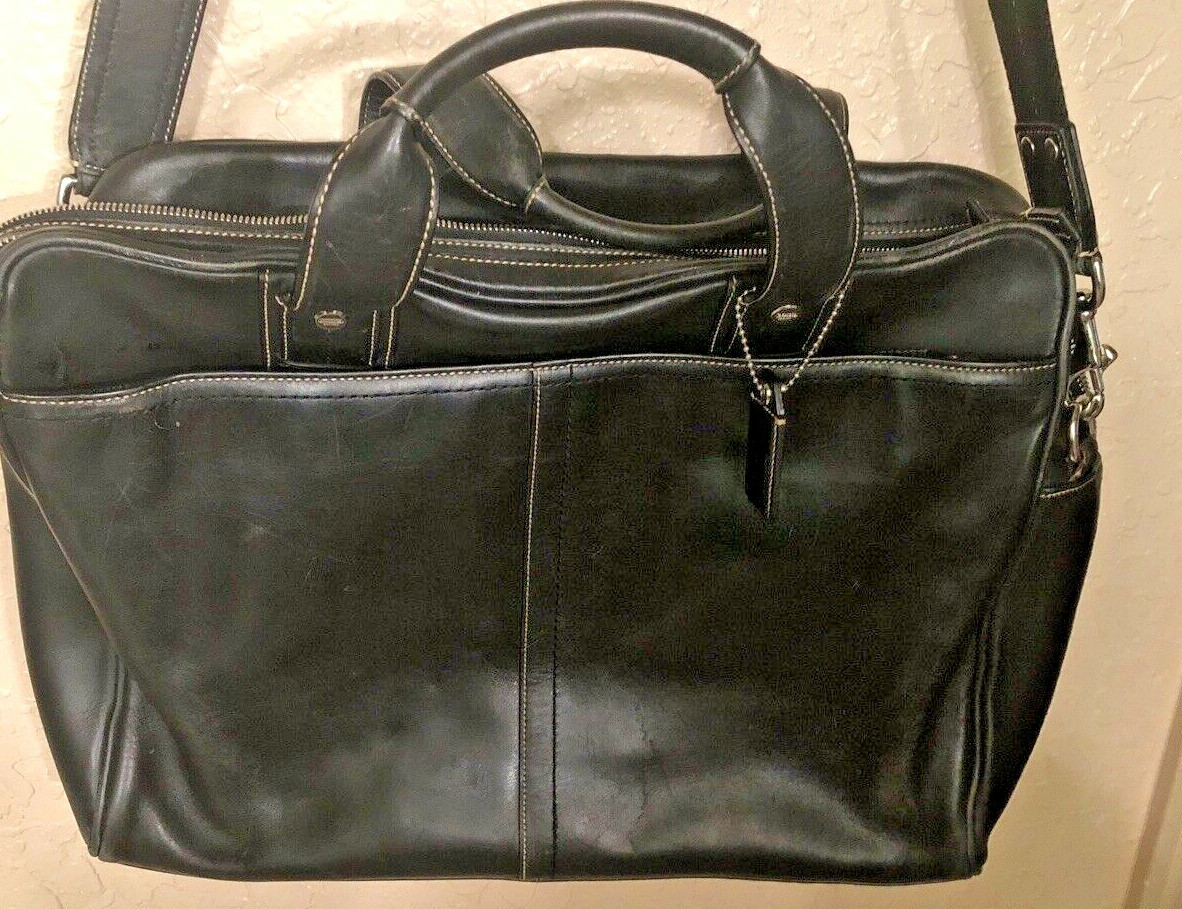 VINTAGE COACH LAPTOP BRIEFCASE MEN OR WOMEN BLACK W WHITE STITCHING