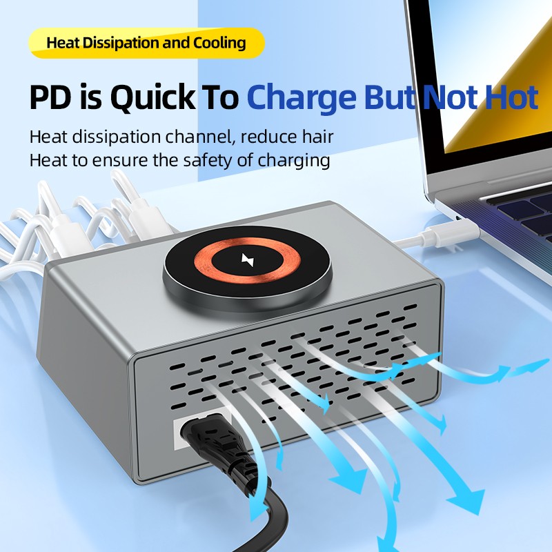140W USB Charger with 8 USB Port 4 USB & 4 USB-C PD Fast Wireless Charger Dock