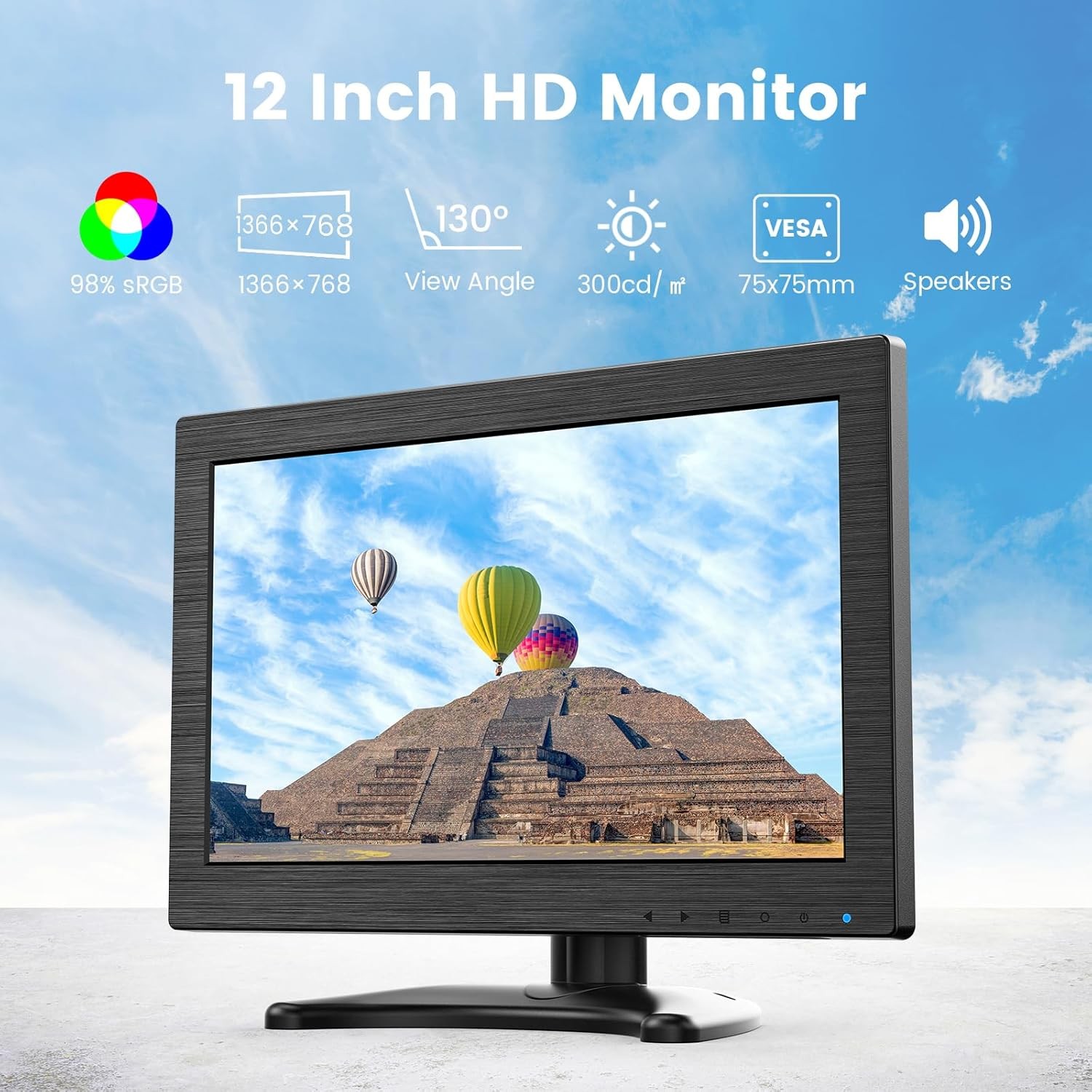 12-inch Small Monitor 1366×768 HD Mini LED Screen HDMI VGA Inputs Video Monitors