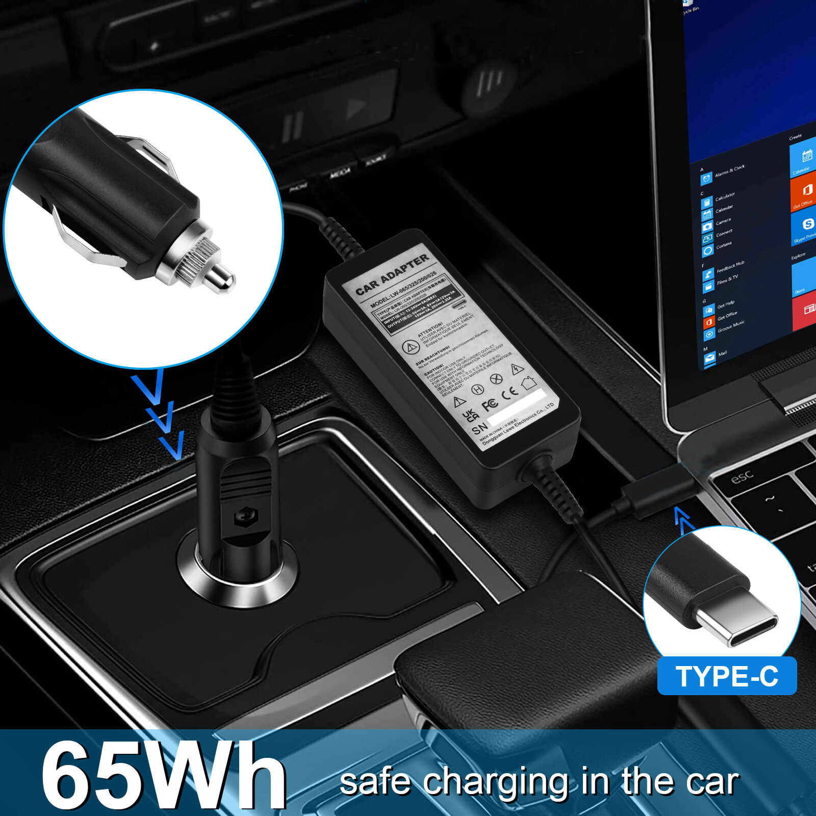 9V-32V DC To USB-C 65W Vehicle Car Charger For Laptops Tablets Smart Phones