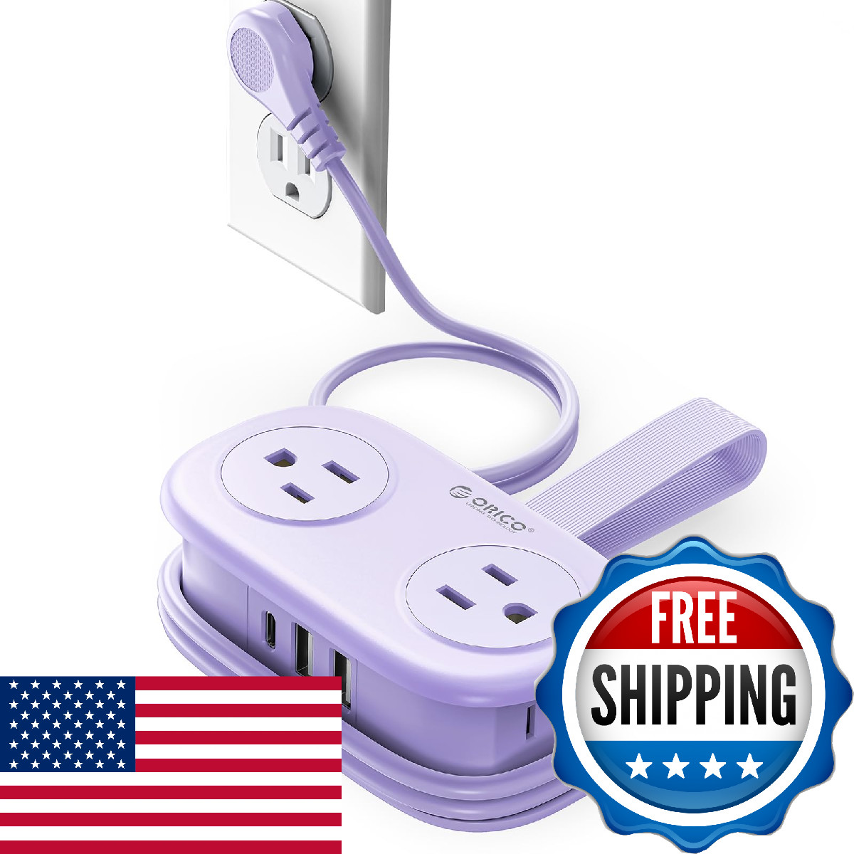 Orico 4Ft Purple Travel Power Strip 4 Ac Outlets 2 Usb-A Ports And 1 Usb-C Port