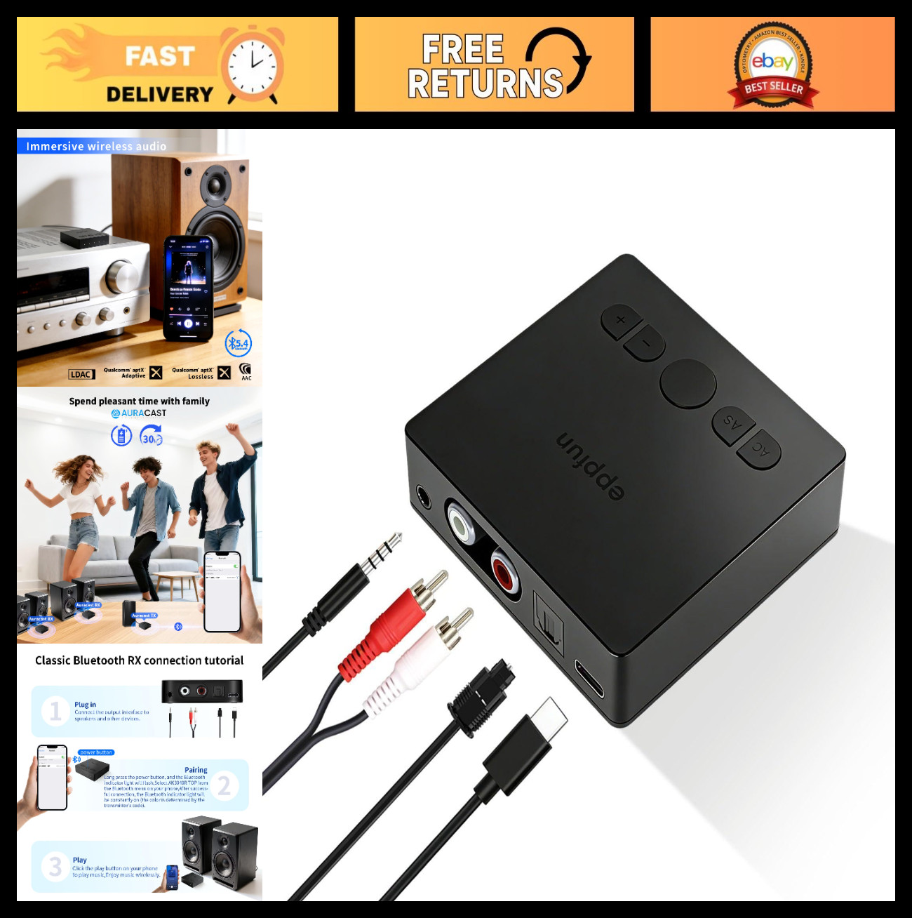 Bluetooth 5.4 HiFi Audio Receiver, Qualcomm Chip, LDAC aptX HD, Optical AUX RCA