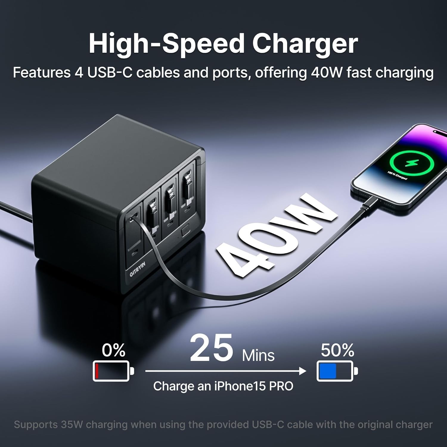 Gitryin Charging Station Extension Cord Retractable Cable Charger AC/USB/Type-C