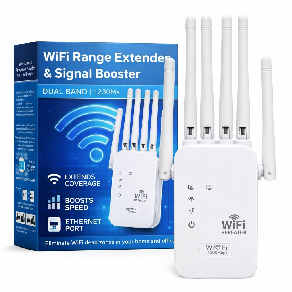 1200Mbps WiFi Extender – Dual Band 2.4G/5G Signal Booster with Ethernet Ports