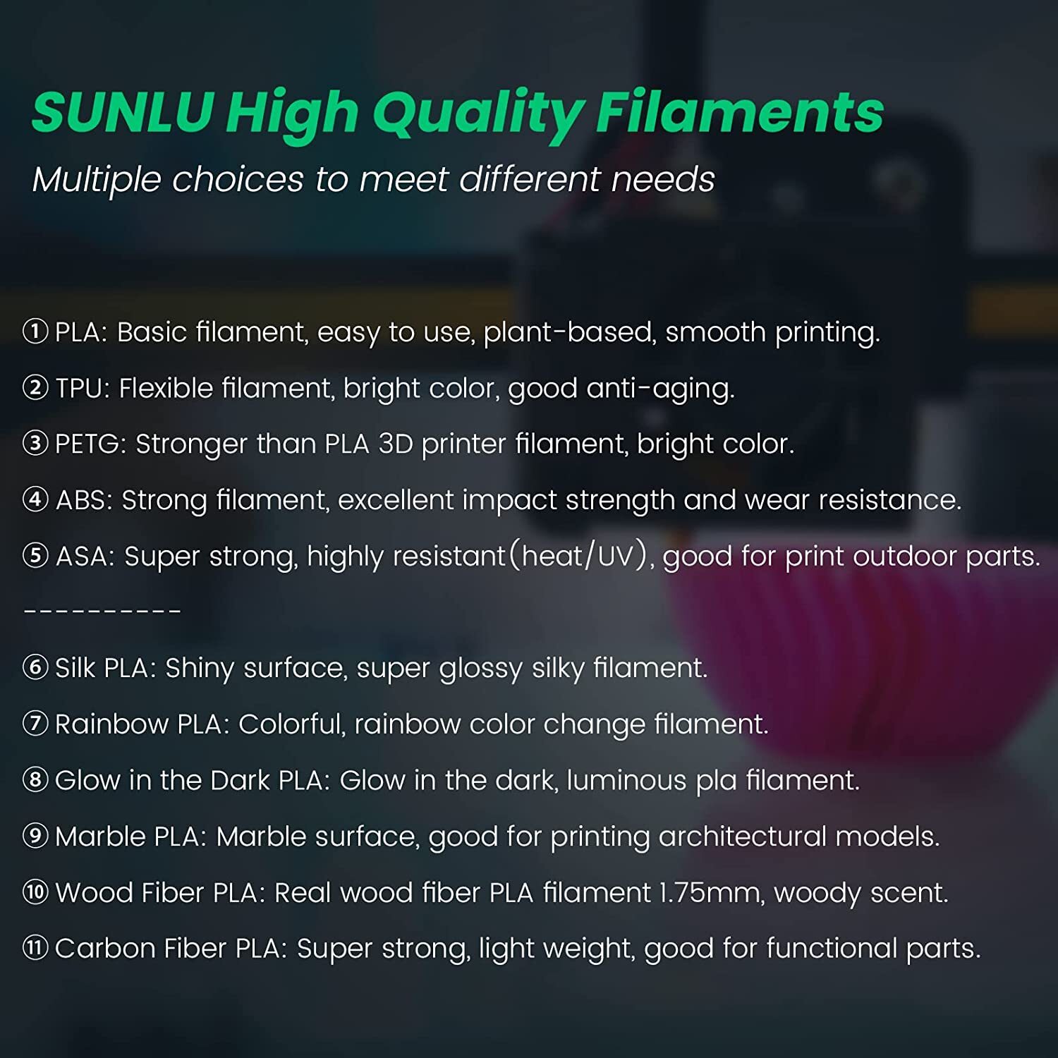 SUNLU PLA PLA+ PETG SILK ABS TPU 3D Printer Filament 1.75mm 1KG/0.25KG Non-toxic