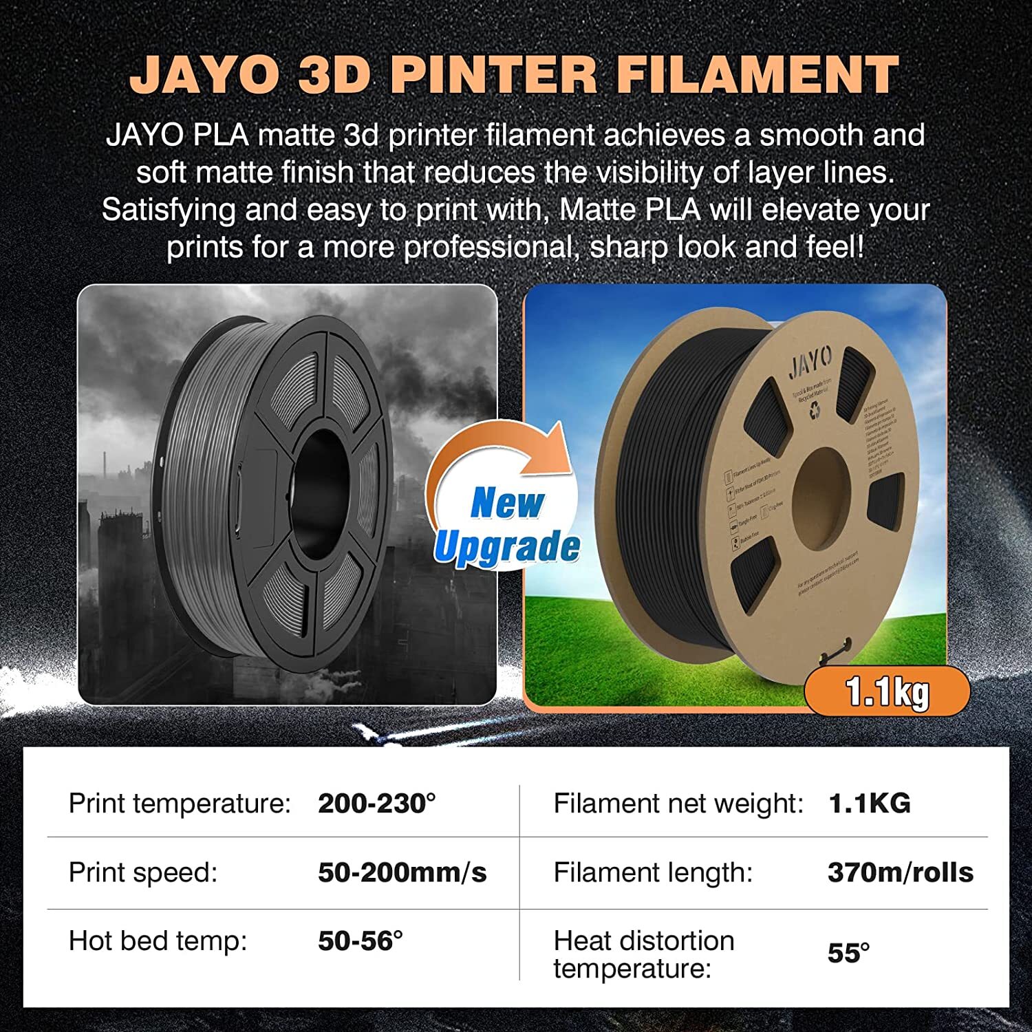 JAYO 50KG PLA Matte Large Spool(11lbs) 3D Printer Filament 1.75mm Matte Black