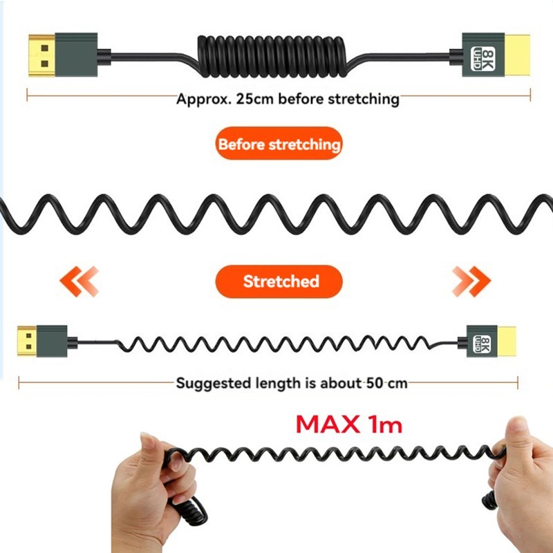 8K HDMI to MINI/Micro HDMI Coiled Cable 90 Degree Angled 2.1 Cable for Camera PC
