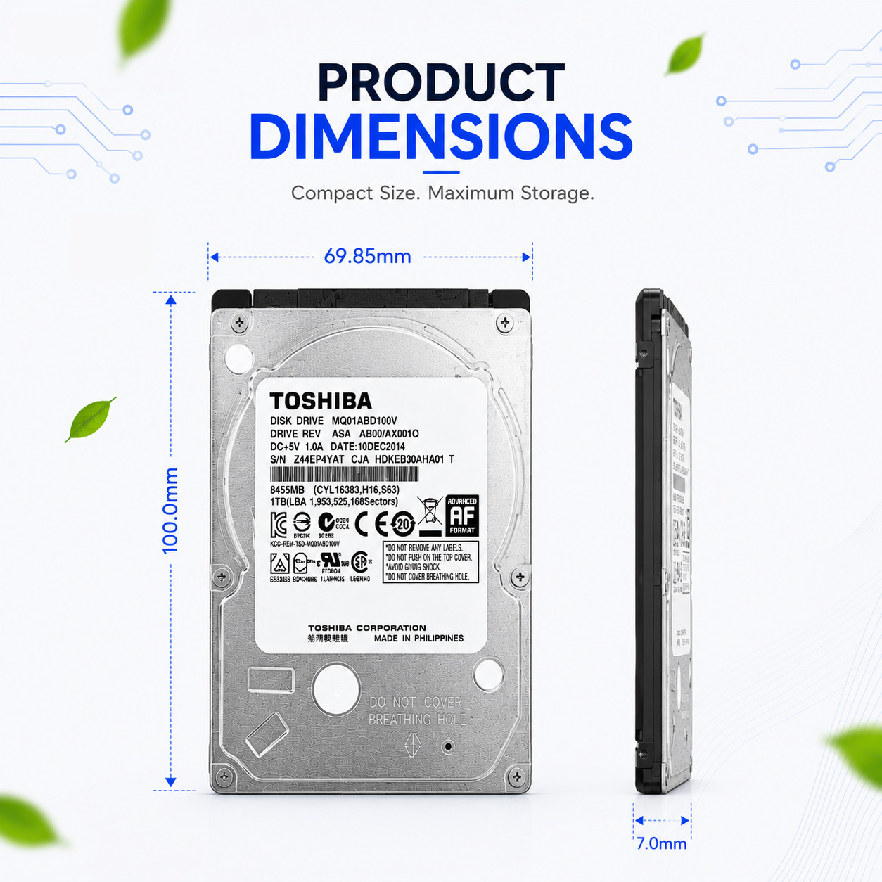 Toshiba 1TB 2.5″ SATA Internal Hard Drive MQ01ABD100V 5400RPM Laptop