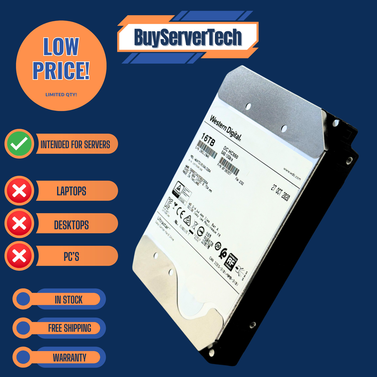 WD 0F38357 16TB HC550 7.2K SAS 3.5″ HDD WUH721816AL5204 | Grade A | 1YR