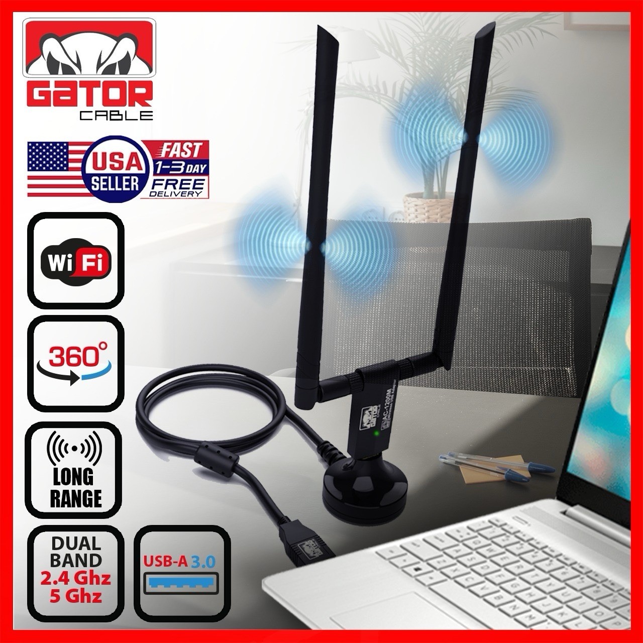 WiFi USB 3.0 Adapter Antenna Long Range Extender Wireless 1200Mbps Dual Band