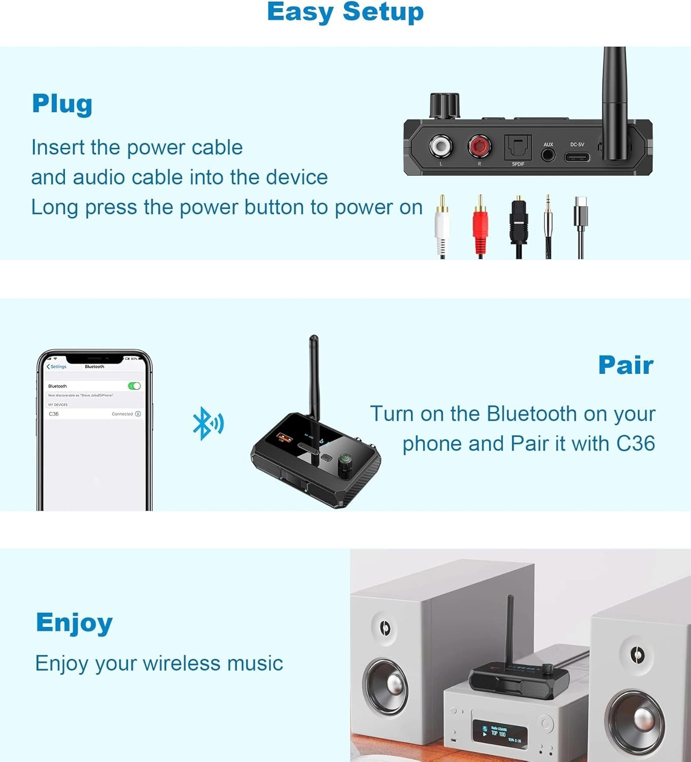 Bluetooth 5.3 Home Stereo Audio Receiver AUX USB Optical HD Music to RCA Adapter