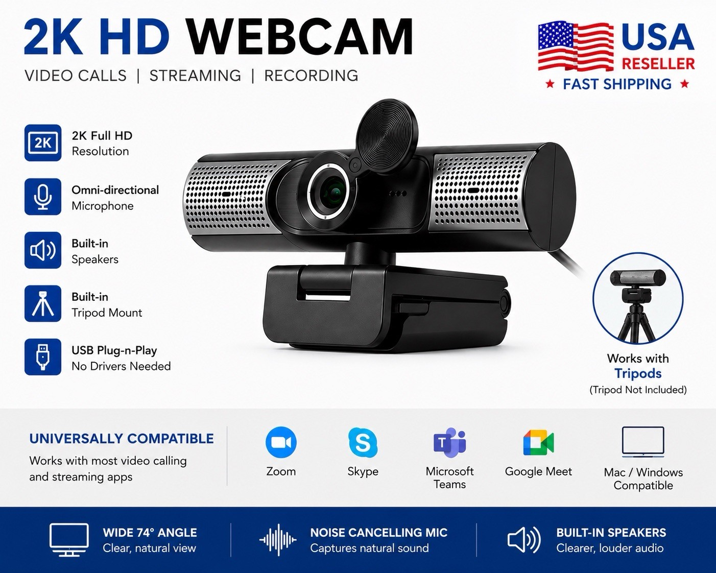 Aluratek HD 1080P Webcam, USB-C/USB-A, w/Built-in Speakers & Mic,Black,AWCS06F