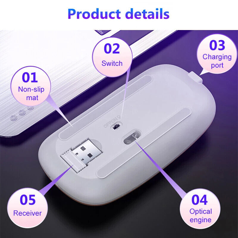 2.4GHz Wireless Optical Mouse USB Rechargeable RGB Cordless Mice For PC Laptop