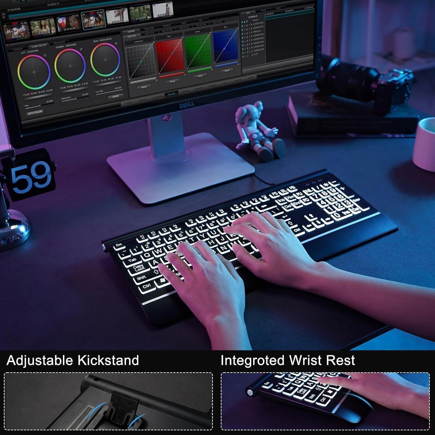 Large Print Backlit Computer Keyboard, 7-Color Backlit Keyboard with Wrist Rest,