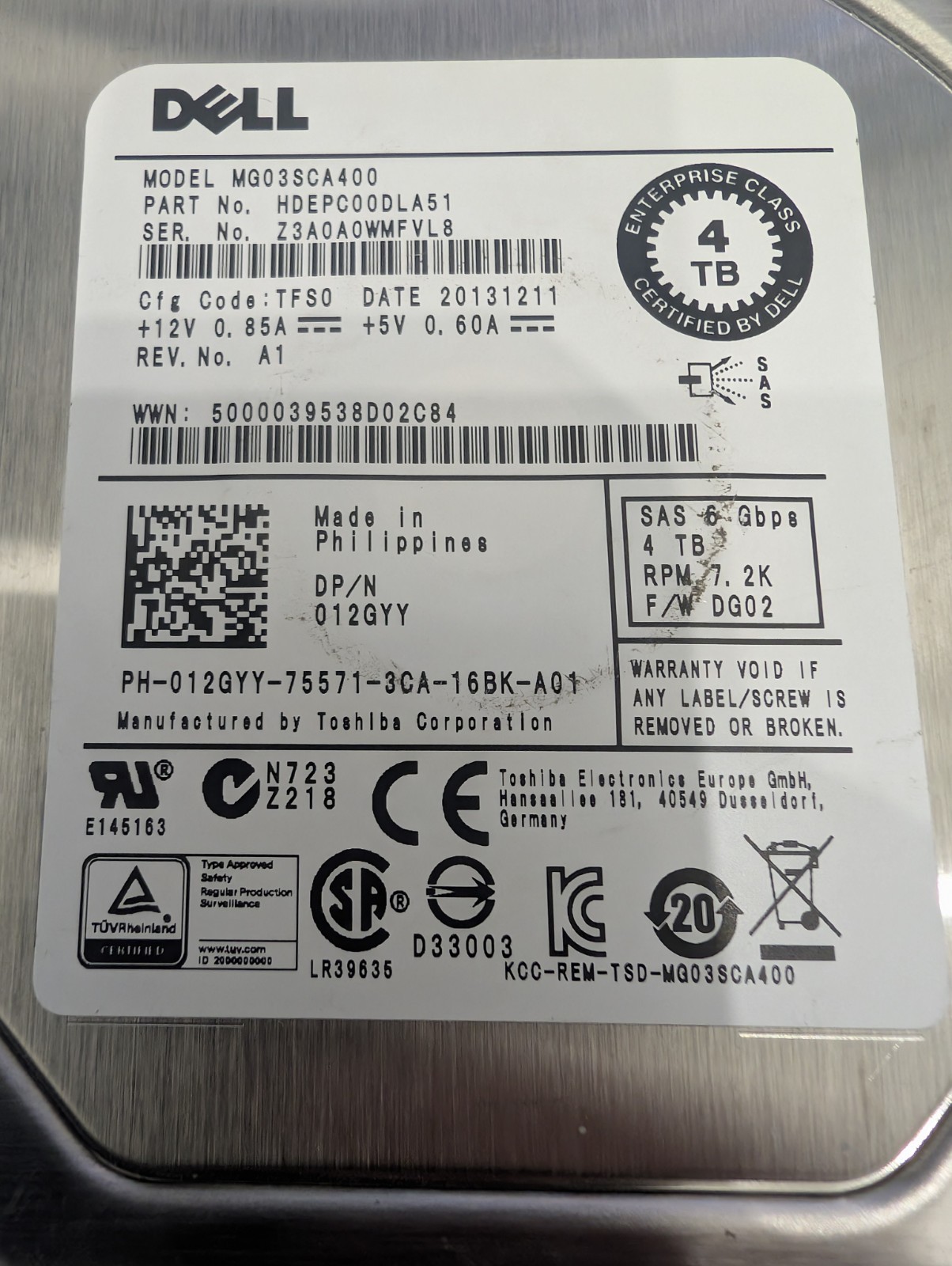 Dell 4TB 3.5″ SAS 6Gbps 7.2K Enterprise Hard Drive MG03SCA400 DP/N 012GYY