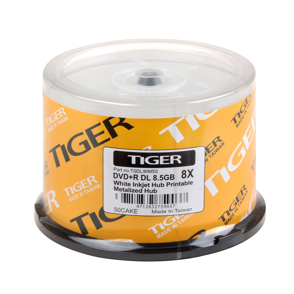 50-PK TIGER Brand 8X White Inkjet Hub Printable DVD+R Dual Layer DL Disc 8.5GB