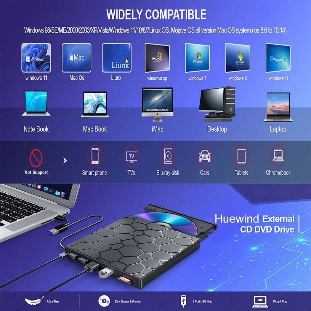 USB 3.0 Slim External CD DVD Drive Disc Player Burner Writer For Laptop PC Mac